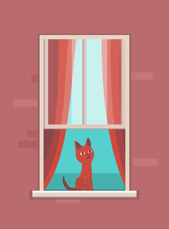 Window with pet. Apartment building with cat in open window spaces. Outer wall of house with seating cat. Neighbors life concept. Block of flat house conceptのイラスト素材