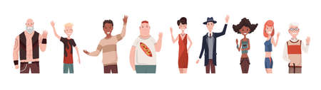 Greeting gesture of multinational mens and womens waving their hands. Different nations...