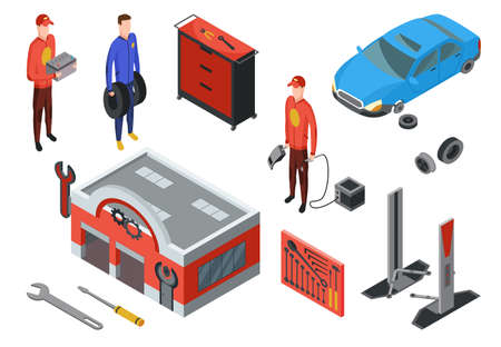 Isometric auto service. Car service top view concept with workers repairing. Element to repair vehicle repair service. People technics and buildingのイラスト素材