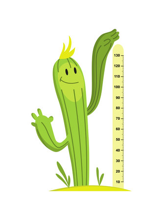 Wall meter with good cactus. Sticker for measuring height kids. Funny vector cartoon illustration for childrenのイラスト素材