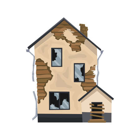 Old weathered house or dwelling. Abandoned home in bad condition. Bad old trouble building with damaged roof, shabby walls and exterior. Isolated neglected propertyのイラスト素材