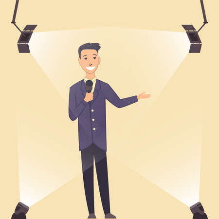Television show. Young presenter or performer on a standup show on stage. Man in classic style clothes. Cartoon character in the spotlightのイラスト素材