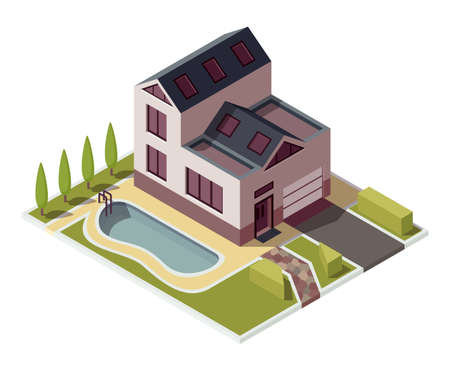 Isometric cottage. Building of private real estate for infographics or game design. Home with area, elements of the landscape design and pool. Infographic element representing suburban buildingのイラスト素材