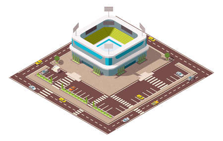 Isometric sport arena. Place for biggest sport competitions. Vector icon or infographic element representing football basketball or hockey stadium with cars and buses on the streetのイラスト素材