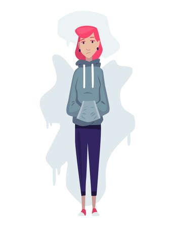 Depressed people. Sad girl standing. Lonely teenager. Symbol of sorrow, sadness and mental disorder. Unhappy and stressed student. Creative vector illustrationのイラスト素材