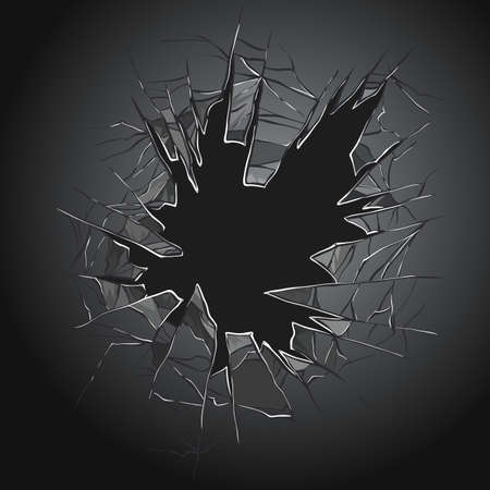 Broken glass. Cracked window. Texture of realistic destruction hole in transparent damaged glass. Vector realistic shattered glass templateのイラスト素材