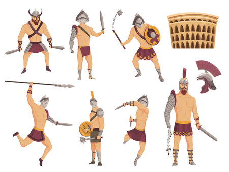 Ancient rome gladiators. Gladiator vector roman warrior character in armor with sword or weapon and shield. Flat illustration in cartoon style. People icons set with colosseumのイラスト素材