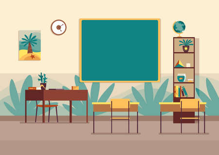 Empty classroom. Nobody school class room with blackboard. Modern interior for education. Place to acquisition of knowledgeのイラスト素材