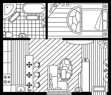 Sketch of interior plan. Detailed apartment furniture overhead top view. Room in flat style. House floor design projectのイラスト素材