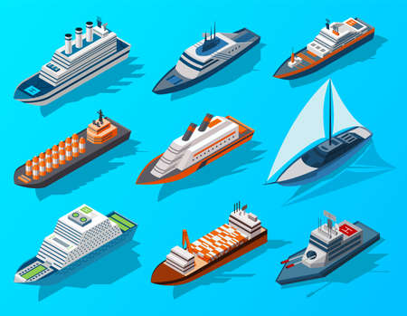 Collection of isometric modern ships. Passengers, cargo and army transportation by water. Vector isometric icons or infographic element. Ocean transportsのイラスト素材