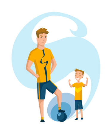 Father spend time with son. Dad and son playing footbol, happy family concept. Fatherhood flat cartoon vector illustration. Outdoor activityのイラスト素材