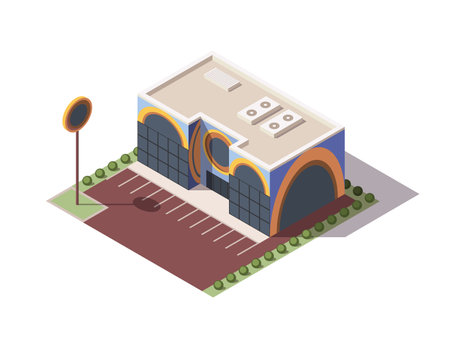 Isometric supermarket or grocery store building. Vector isometric icon or infographic element representing mall building with parking lot. 3D shop market for city infrastructureのイラスト素材