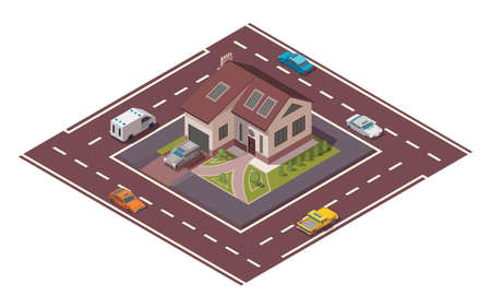 Isometric cottage. Building of private real estate for infographics or game design. Home with road and cars around it. Infographic element representing suburban buildingのイラスト素材