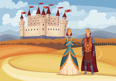Medieval king and queen on fairytale medieval castle background. Cartoon middle ages historic period. Medieval kingdom characters standing in costumesのイラスト素材