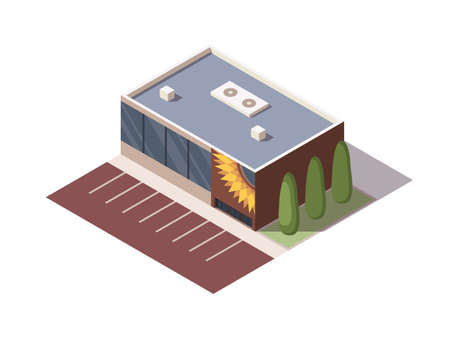 Isometric supermarket or grocery store building. Vector isometric icon or infographic element representing mall building with parking lot. 3D shop market for city infrastructureのイラスト素材