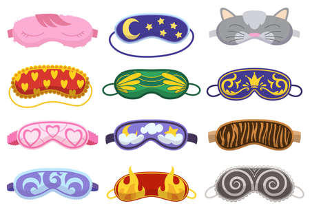 Sleep masks different shapes. Eye protection accessories and prevention of healthy sleep. Blindfold symbols in cartoon style. Design elements collectionのイラスト素材
