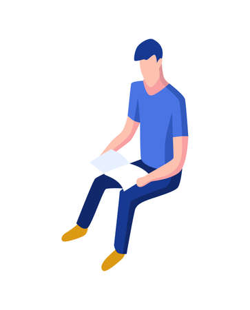 Isometric people icon. 3d men sit and hold and read book. Modern young people. Isolated vector illustrationのイラスト素材