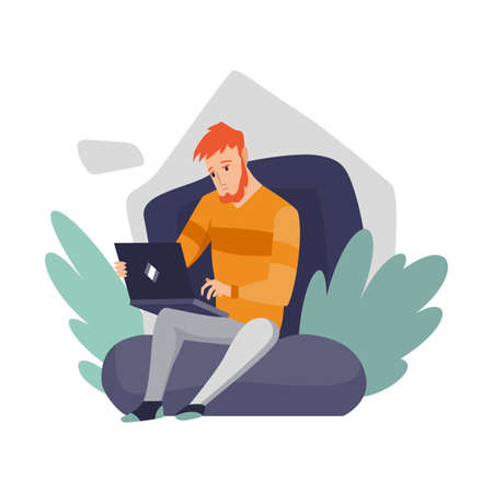 Freelance man working at home in comfortable conditions. Cartoon character work from home. Spend time at home during quarantine. Be safeのイラスト素材