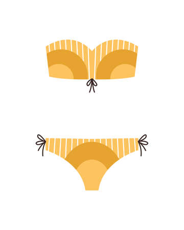 Fashion swimsuit. Flat icon of cartoon trendy female beachwear. Two-piece swimming suit or bathing girls and womans underwear lingerie. Vector colorful swimwearのイラスト素材