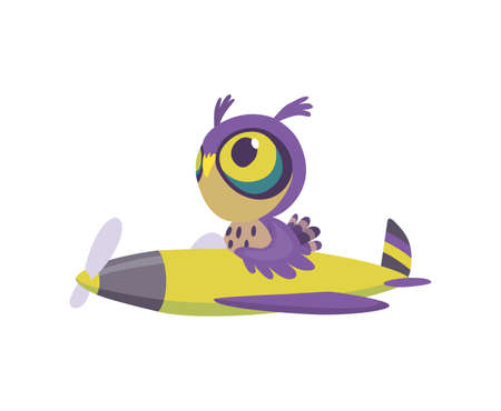 Cute baby animal owl on airplane. Funny pilot flying on plane. Cartoon vector character fly on retro transportのイラスト素材