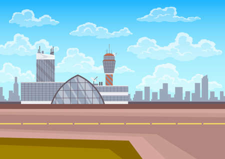Airport terminal building, control tower, runway and city landscape on background. Infrastructure for travel and tourism concept, passenger air transportationのイラスト素材