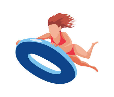 Woman float on air mattress. Fun female character. Young lady swimming on inflatable ring. Summertime flat cartoon illustrationのイラスト素材