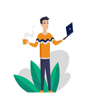 Freelance man working at home in comfortable conditions. Cartoon character work from home. Spend time at home during quarantine. Be safeのイラスト素材