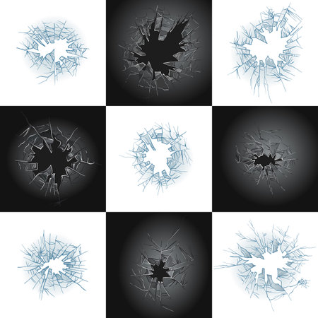 Set of broken glass. Cracked windows. Texture of realistic destruction hole in transparent damaged glass. Vector realistic shattered glass templatesのイラスト素材