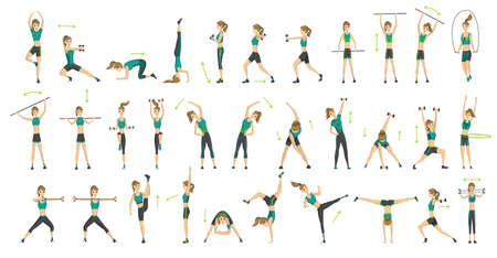 Woman fitness. Big set of colored vector silhouettes of slim woman in costume doing fitness workout in many different position. Active and healthy life concept. Female aerobic or exercisesのイラスト素材