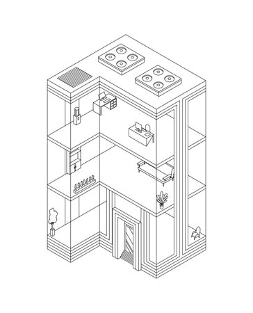 Sketch of business building isometric with offices and interior furniture. Modern 3d urban office. Glass architecture building facadeのイラスト素材