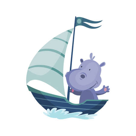 Cute hippopotamus animal sailing on boat. Vector funny cartoon sailor on sailboat with water waves isolated on white background. Baby characterのイラスト素材