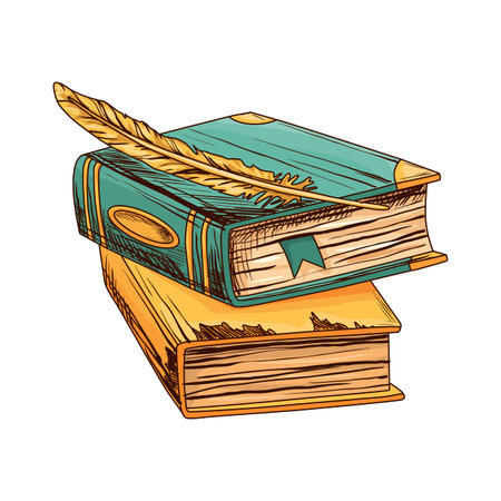 Stack of old books with antique quill. Education and wisdom concept. Vector icon for education and literature theme design. Vintage books with feather illustrationのイラスト素材