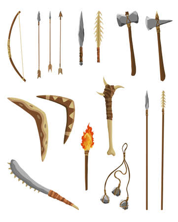 Ancient age stone tools and weapon for hunting or work. Cartoon hammer, axe, arrow and spear with arrowhead prehistoric caveman instrument. Vector illustration of primitive culture tools in flat styleのイラスト素材