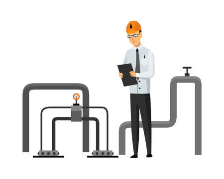 Oil petroleum industry. Engineer or oilman looking to professional document isolated. Control extraction or transportation oil and petrol on flat cartoon icon. Isolated vector illustrationのイラスト素材