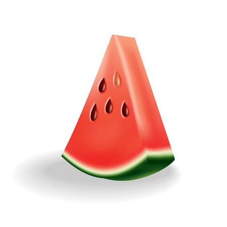 Watermelon natural sweet food. Icon of ripe red fruit cut on slice in 3d realistic cartoon style. Fresh and juicy colorful berry isolated on white backgroundのイラスト素材