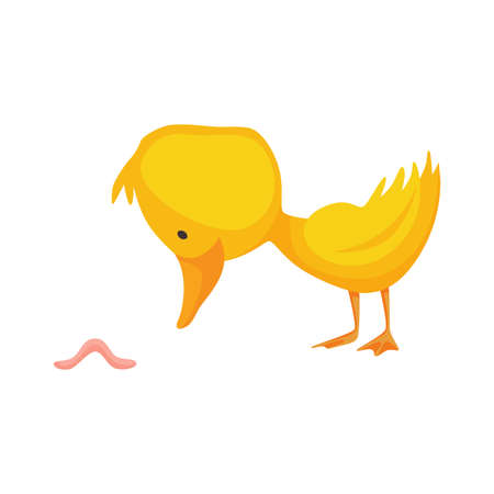 Cute chick. Baby cartoon yellow vector duck. Bird child character in funny facial expression, pose and gesture for graphic design. Catching wormのイラスト素材