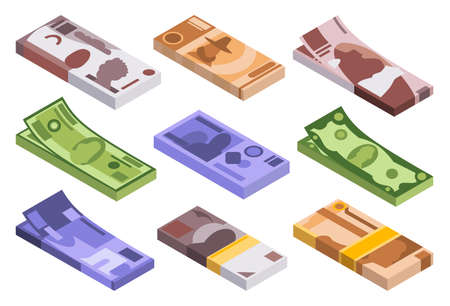 Collection of isometric stacks of money. Currency or cash icons. Bundle of banknotes. Stacks of cash symbol. Bills in packs isolated on white backgroundのイラスト素材