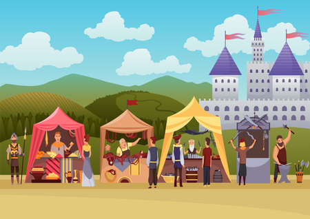 Cartoon medieval fair. Middle ages or fairy tale fair market with characters standing in costumes. Sell various productsのイラスト素材