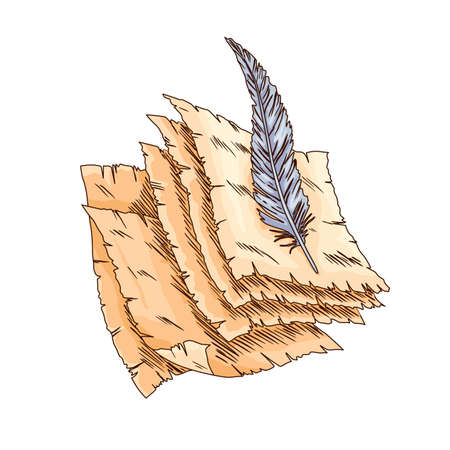 Old book. Vector old scroll paper with vintage antique quill. Ancient parchment paper. Retro writing stationery for poetry work or educationのイラスト素材