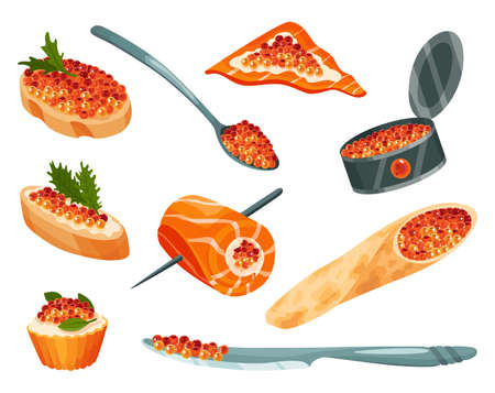 Delicious caviare snack and canape, pancakes, roll and sandwich with canned caviar. Seafood product of red fish and sturgeon or fish from the salmon family. Gourmet food close up, appetizersのイラスト素材