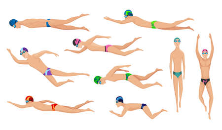 Swimmers set. Collection various characters of swimming men in swimsuits. People in action poses or engaged water sport. Colorful vector illustration in cartoon style isolated on white backgroundのイラスト素材