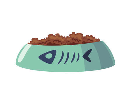 Snack for cat. Full bowl of food with fish logo. Vector dry food. Pet shop cat product. Flat cartoon icon isolated on whiteのイラスト素材