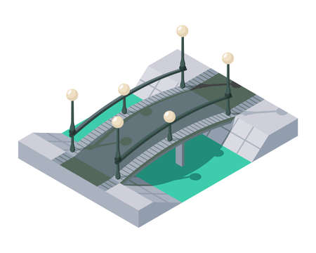 Bridge isometric. 3d isolated drawing elements of a modern urban infrastructure for games or applications. Bridge across the river isometric icon. Element infographicのイラスト素材