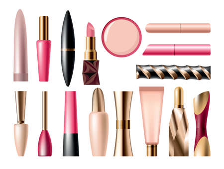 Makeup cosmetics set of different packages. Isolated beauty products and facial decorative cosmetics tools. Blank template of containers for eyeliner, lipstick, powder, foundation and mascaraのイラスト素材