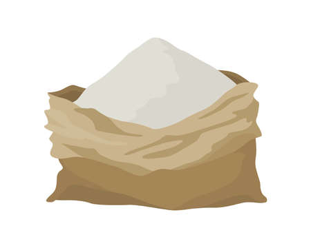 Burlap farmer bag for flour, rice or salt. Farm production in brown textile bale, opened with product inside. Cartoon vector icon isolated on white backgroundのイラスト素材