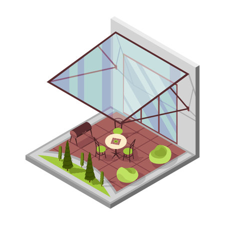 Inner courtyard isometric composition with patio. House with a private terrace and transparent glass cover. Covered veranda for table place. Modern architectureのイラスト素材