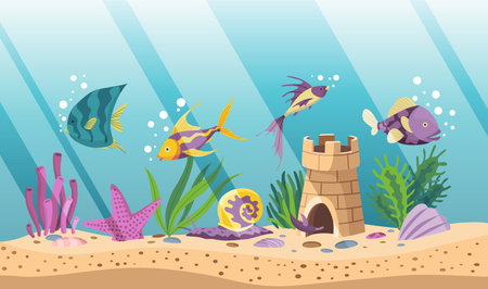 Aquarium with colourful fish and algae. Underwater life wtith decorative accessories and deferent fishes in flat style. Decoration of home interior. Beautiful glass aquarium with shells, sand bubblesのイラスト素材