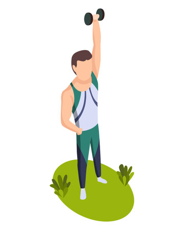 Sport people isometric. Exercise male athlete outdoor. Man sport activity workout ground. Human character of performing exercise with dumbbells isolated on whiteのイラスト素材