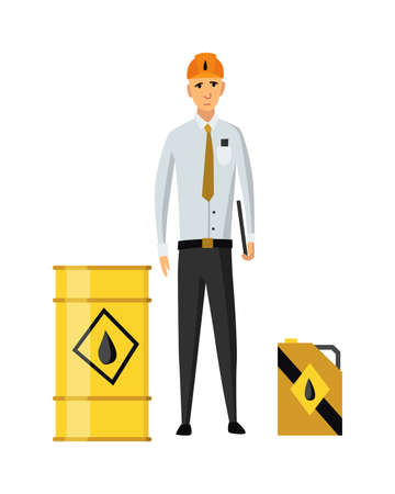 Oil petroleum industry. Engineer or oilman with canister and barrel. Man represents product on flat cartoon icon. Isolated vector illustrationのイラスト素材