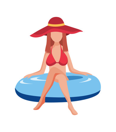 Woman float on air mattress. Fun female character with hat. Young lady swimming on inflatable ring. Summertime flat cartoon illustrationのイラスト素材